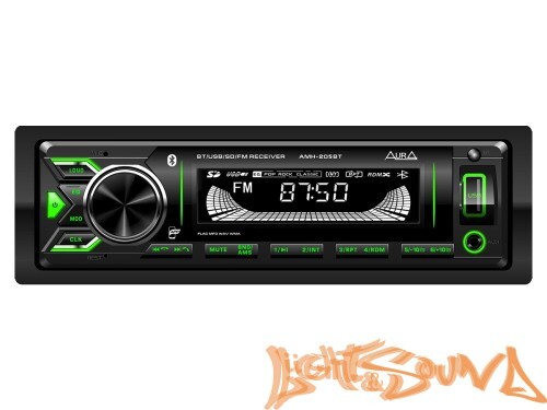 Aura AMH-205BT USB-ресивер, 4x51w, USB SD/FM/AUX/BT, 2 RCA, зелёная подсветка, съёмная рамка