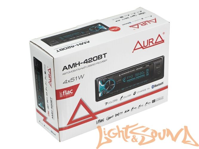 Aura AMH-420BT USB-ресивер, 4x51w, 2xUSB (1A)/SD/FM/AUX/BT, 2 RCA, iD3-TAG, мультицвет (7 цветов)