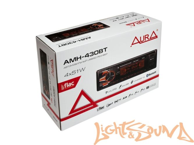 Aura AMH-430BT USB-ресивер, 4x51w, 2xUSB (1A)/SD/FM/AUX/BT, 2 RCA, iD3-TAG, мультицвет (7 цветов)