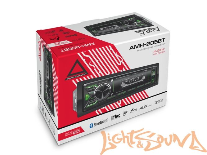 Aura AMH-205BT USB-ресивер, 4x51w, USB SD/FM/AUX/BT, 2 RCA, зелёная подсветка, съёмная рамка