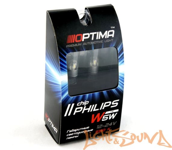 Optima Premium PHILIPS Chip2 W5W (T10), 5100K, 12-24V, 2шт