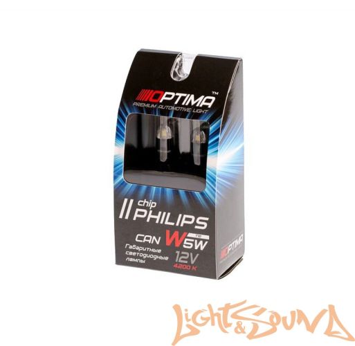 Optima Premium PHILIPS Chip2 W5W (T10), CAN, 4200K, 12-24V, (W2.1X9.5D), 2шт