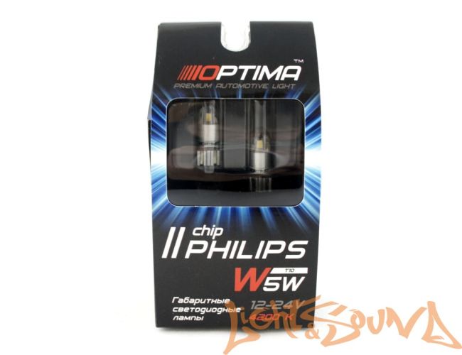 Optima Premium PHILIPS Chip2 W5W (T10), 4200K, 12-24V, (W2.1X9.5D), 2шт
