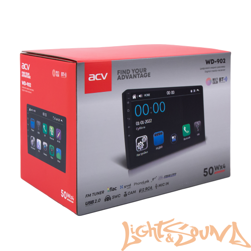 ACV WD-902 2DIN (1024x600) 4x50, USB/SD/FM/AUX/BT/WMA/MiltiColor/Equalizer, 9 дюймов