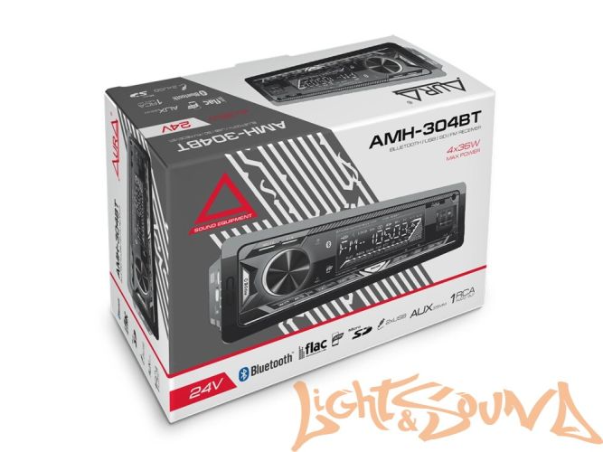 Aura AMH-304BT USB-ресивер, 12-24V 4x51w, USB SD/FM/AUX/BT, 2 RCA, VA дисплей, белая подсветка