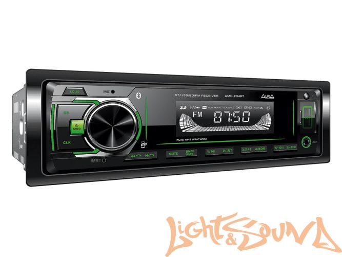 Aura AMH-204BT USB-ресивер, 12-24в 4x36w, USB/SD/FM/AUX, 1 RCA, зелёная подсветка