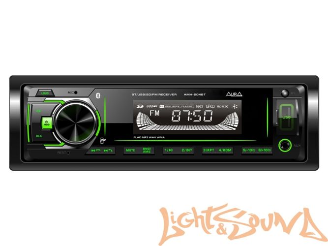 Aura AMH-204BT USB-ресивер, 12-24в 4x36w, USB/SD/FM/AUX, 1 RCA, зелёная подсветка