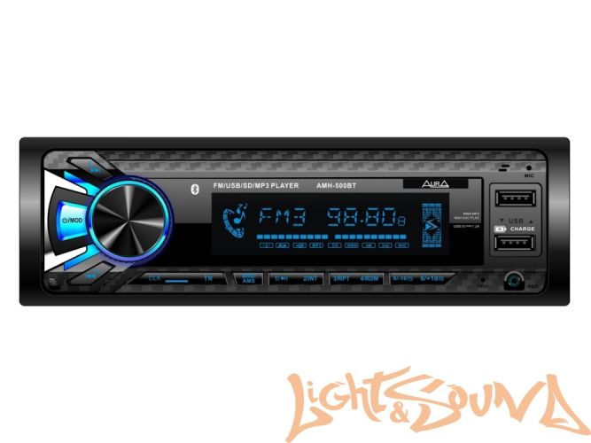 Aura AMH-500BT USB-ресивер, 4x51w, 2xUSB (1A)/SD/FM/AUX/BT, 2 RCA, iD3-TAG, съёмная панель, 7 цветов