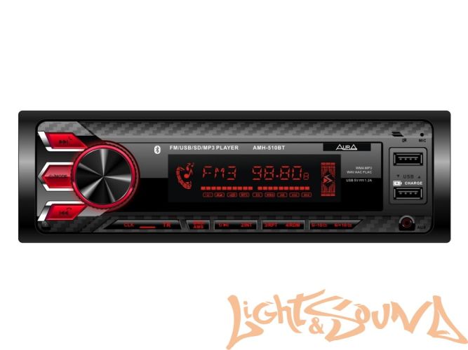 Aura AMH-510BT USB-ресивер, 4x51w, 2xUSB (1A)/SD/FM/AUX/BT, 2 RCA, iD3-TAG, съёмная панель, 7 цветов