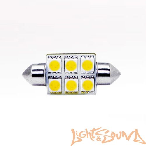 Лампа светодиодная MTF LightSV 8,5 10*36 mm 6 LED салонная 12V 1W 100 Лм 5000K(Белый) c обм.1 шт