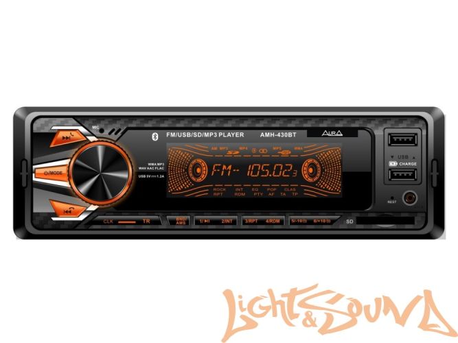 Aura AMH-430BT USB-ресивер, 4x51w, 2xUSB (1A)/SD/FM/AUX/BT, 2 RCA, iD3-TAG, мультицвет (7 цветов)