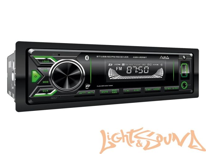 Aura AMH-205BT USB-ресивер, 4x51w, USB SD/FM/AUX/BT, 2 RCA, зелёная подсветка, съёмная рамка