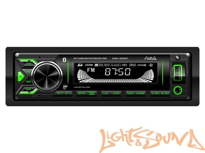 Aura AMH-205BT USB-ресивер, 4x51w, USB SD/FM/AUX/BT, 2 RCA, зелёная подсветка, съёмная рамка