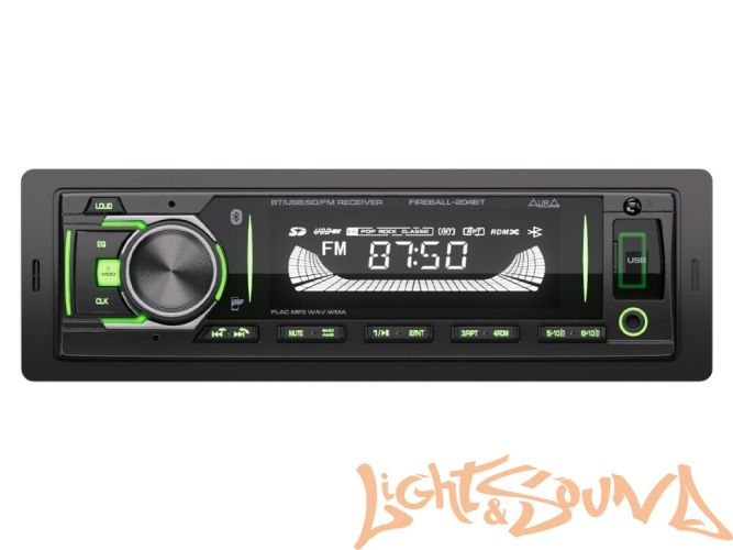 Aura Fireball-204BT USB-ресивер, 12-24V 4x36w, USB SD/FM/AUX/BT, 2 RCA, VA, зеленая подсветка Aura Fireball-204BT USB-ресивер, 12-24V 4x36w, USB SD/FM/AUX/BT, 2 RCA, VA, зеленая подсветка