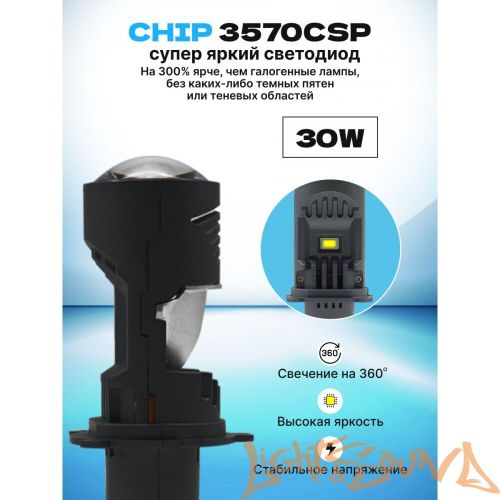 Светодиодные мини линзы SVS A10-PRO H4, 3000Lm, 6000K, 12V, кулер, 2шт