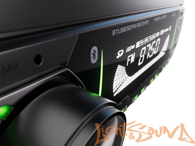 Aura Fireball-204BT USB-ресивер, 12-24V 4x36w, USB SD/FM/AUX/BT, 2 RCA, VA, зеленая подсветка