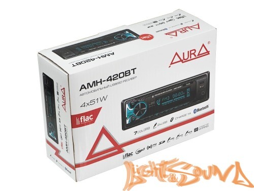 Aura AMH-420BT USB-ресивер, 4x51w, 2xUSB (1A)/SD/FM/AUX/BT, 2 RCA, iD3-TAG, мультицвет (7 цветов)