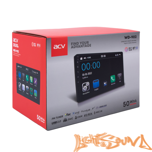 ACV WD-902 2DIN (1024x600) 4x50, USB/SD/FM/AUX/BT/WMA/MiltiColor/Equalizer, 9 дюймов