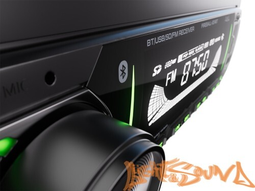 Aura Fireball-204BT USB-ресивер, 12-24V 4x36w, USB SD/FM/AUX/BT, 2 RCA, VA, зеленая подсветка
