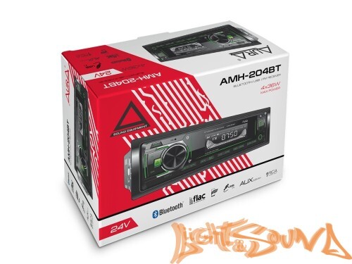 Aura AMH-204BT USB-ресивер, 12-24в 4x36w, USB/SD/FM/AUX, 1 RCA, зелёная подсветка