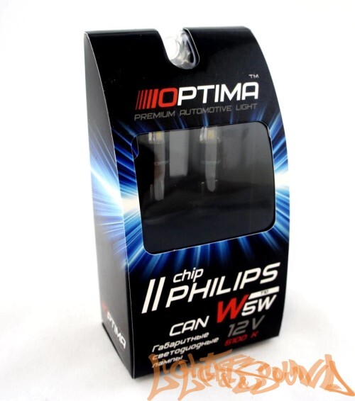 Optima Premium PHILIPS Chip2 W5W (T10), CAN, 5100K, 12V, (W2.1X9.5D), 2шт