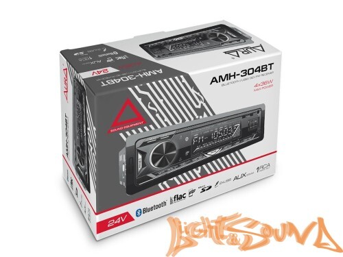 Aura AMH-304BT USB-ресивер, 12-24V 4x51w, USB SD/FM/AUX/BT, 2 RCA, VA дисплей, белая подсветка